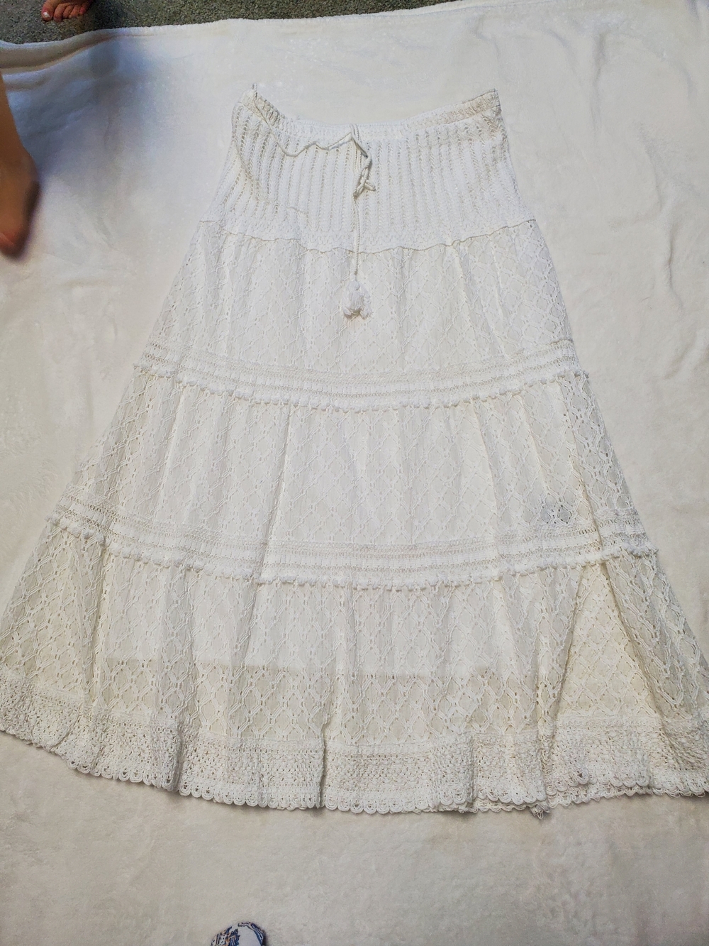 Women's White Lace Tiered Maxi Skirt with Smocked Waist